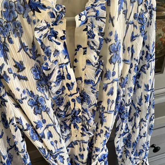 Tory Burch Blue and White Floral Ruffle Blouse - Picture 5 of 7
